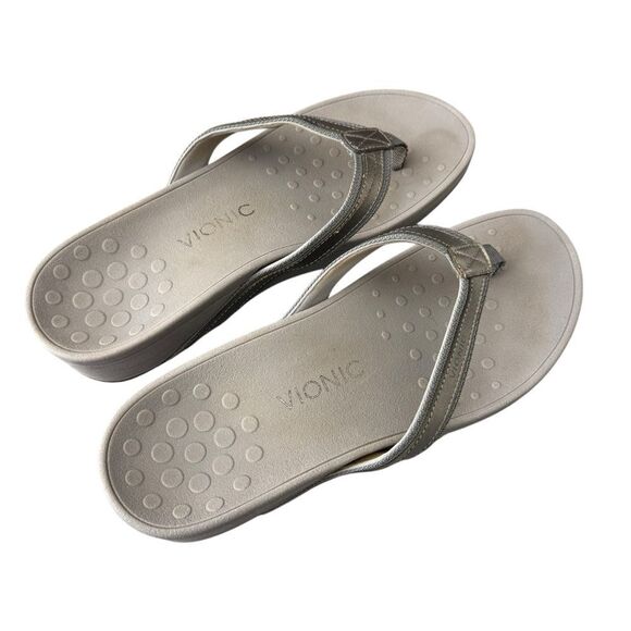 Women's Vionic High Tide Silver Metallic Leather Platform Thongs Size 10 Summer - Picture 2 of 7